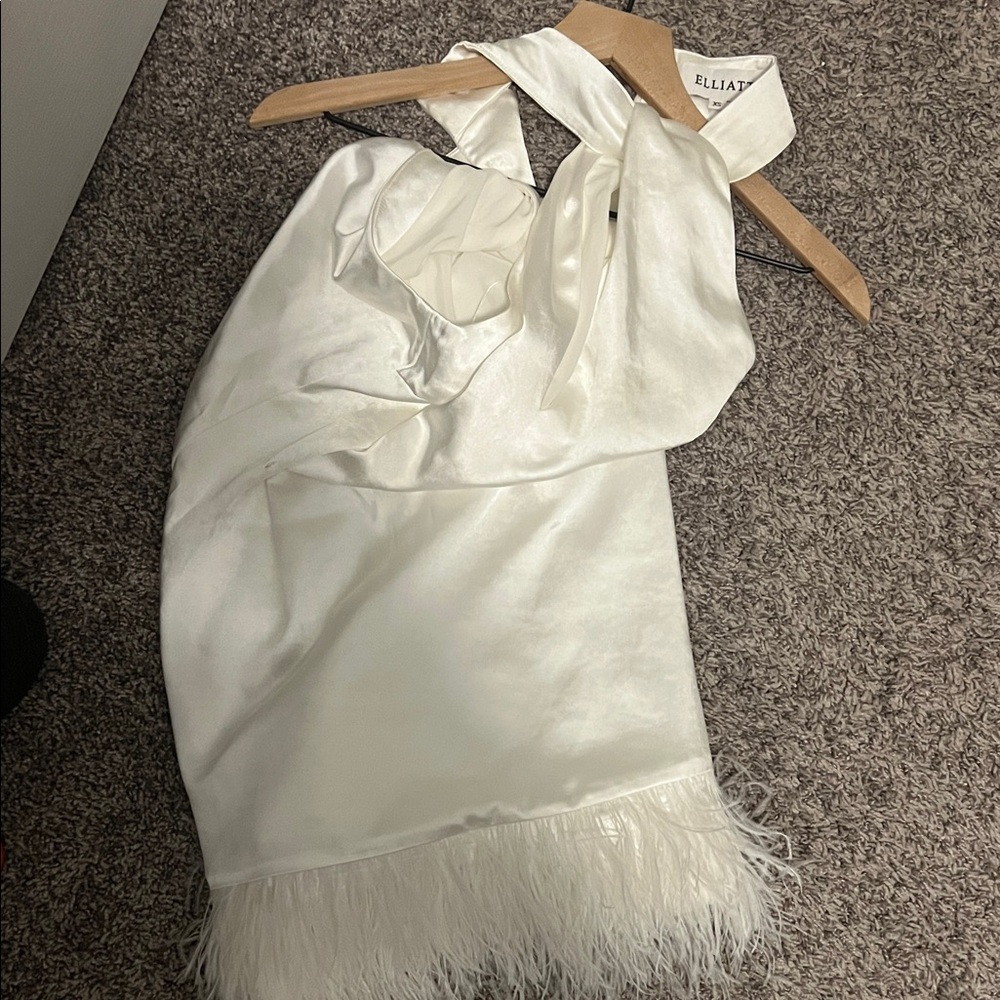 Elliatt White Satin Dress with Feather Hem